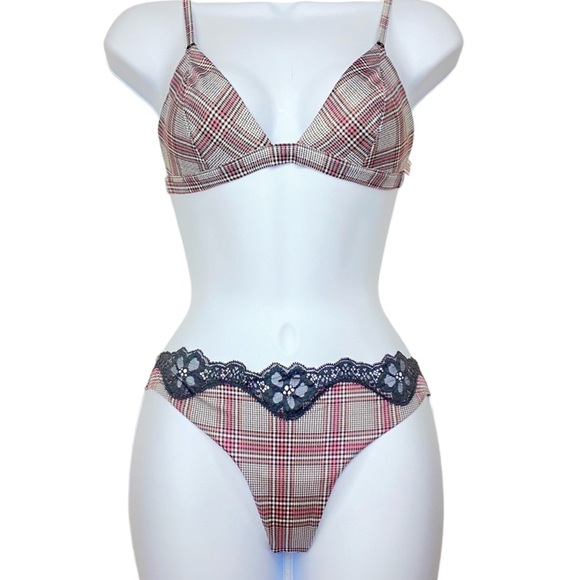 NWT Victoria’s Secret Grey & Pink Plaid Satin Bralette, Thong, & Itsy Panty Set - Picture 9 of 14